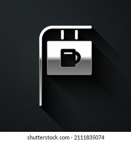 Silver Street signboard with inscription Bar icon isolated on black background. Suitable for advertisements bar, cafe, restaurant. Long shadow style. Vector Illustration