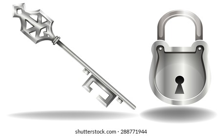 Silver stylish key and lock on a white background