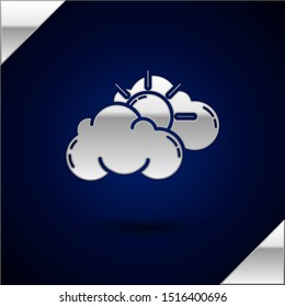 Silver Sun and cloud weather icon isolated on dark blue background.  Vector Illustration
