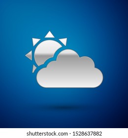Silver Sun and cloud weather icon isolated on blue background.  Vector Illustration