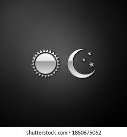 Silver Sun and moon icon isolated on black background. Weather daytime and night. Long shadow style. Vector.