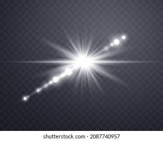 Silver sunlight lens flare, sun flash with rays and spotlight. Glowing burst explosion on a transparent background.  
Vector illustration.