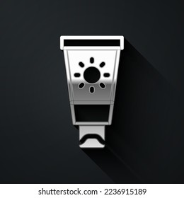 Silver Sunscreen cream in tube icon isolated on black background. Protection for the skin from solar ultraviolet light. Long shadow style. Vector