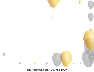 Silver Surprise Background White Vector. Confetti Art Template. Yellow Streamers Balloon. Toy Isolated Illustration.