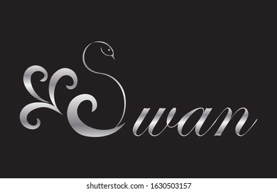 Silver swan logotype on black background. Elegant and decorative.