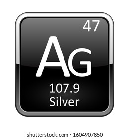 Silver symbol.Chemical element of the periodic table on a glossy black background in a silver frame.Vector illustration.