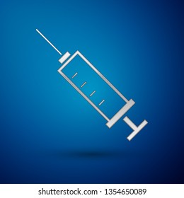 Silver Syringe icon isolated on blue background. Syringe for vaccine, vaccination, injection, flu shot. Medical equipment. Vector Illustration