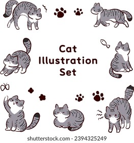 silver tabby cat pose illustration set