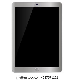 Silver tablet with black screen. Tablet front view vector eps10. Silver tablet with menu button and black empty screen.