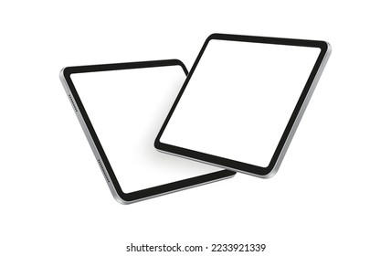 Silver Tablet Computers Mockups with Blank Horizontal Screens, Side Perspective View, Isolated on White Background. Vector Illustration