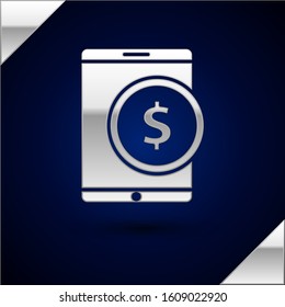 Silver Tablet with dollar symbol icon isolated on dark blue background. Online shopping concept. Financial mobile phone. Online payment.  Vector Illustration