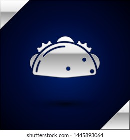 Silver Taco with tortilla icon isolated on dark blue background. Traditional mexican fast food menu.  Vector Illustration