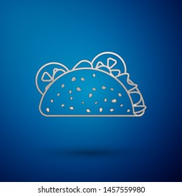 Silver Taco with tortilla icon isolated on blue background. Traditional mexican fast food. Vector Illustration