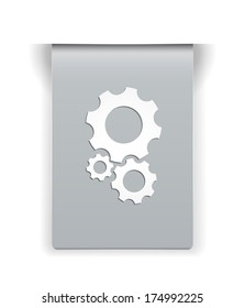 The silver tag with the setting symbol / the glossy label with cogwheel icon / the cogwheel icon