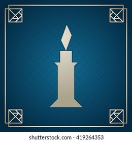 Silver tangram candle on dark blue background, abstract geometric art. Tangram task card, ancient Chinese puzzle game, tiling puzzle. Candle outline made of tangram pieces, geometric shapes. Vector