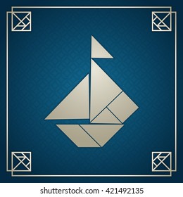 Silver tangram sailboat. Traditional Chinese tiling puzzle tangram solution card, geometric shapes, intellectual game for kids and adults, education through play concept. Vector illustration