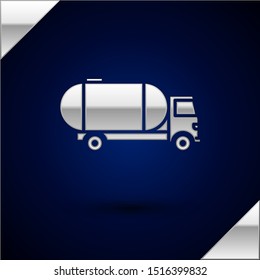 Silver Tanker truck icon isolated on dark blue background. Petroleum tanker, petrol truck, cistern, oil trailer.  Vector Illustration