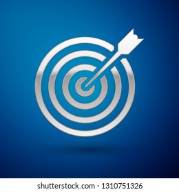 Silver Target with arrow icon isolated on blue background. Dart board sign. Archery board icon. Dartboard sign. Business goal concept. Vector Illustration