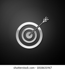 Silver Target with arrow icon isolated on black background. Dart board sign. Archery board icon. Dartboard sign. Business goal concept. Long shadow style. Vector.