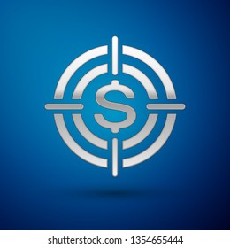 Silver Target with dollar symbol icon isolated on blue background. Investment target icon. Successful business concept. Cash or Money sign. Vector Illustration