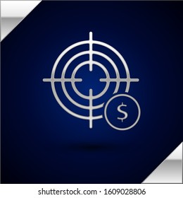 Silver Target with dollar symbol icon isolated on dark blue background. Investment target icon. Successful business concept. Cash or Money.  Vector Illustration