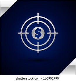 Silver Target with dollar symbol icon isolated on dark blue background. Investment target icon. Successful business concept. Cash or Money.  Vector Illustration