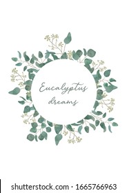 Silver, teal, blue tones of eucalyptus in watercolor composition. Rustic wreath vector frame. Wedding invite flowers and greenery banner.