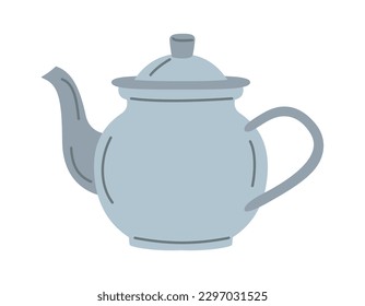 Elemento de tetera plateado. Cocina simple calcomanía para hervidor de agua para hacer té. Capacidad de tracción manual, tabletas con tapa y mango. Platos de cerámica para el agua. Dibujo vectorial plano de dibujos animados sobre fondo blanco