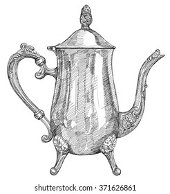 silver teapot - vector black and white illustration