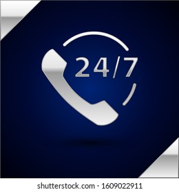 Silver Telephone 24 hours support icon isolated on dark blue background. All-day customer support call-center. Full time call services.  Vector Illustration