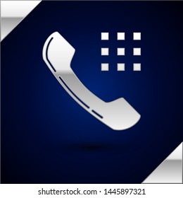 Silver Telephone handset icon isolated on dark blue background. Phone sign.  Vector Illustration