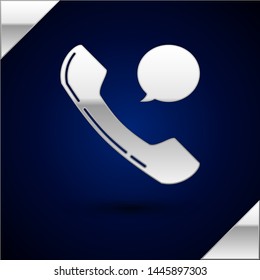 Silver Telephone handset and speech bubble chat icon isolated on dark blue background. Phone sign.  Vector Illustration