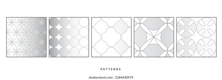 Silver template, Light gray geometric ornaments. Set of seamless patterns for web, textile and wallpapers