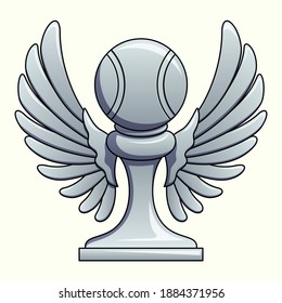 Silver tennis sport reward trophy illustration isolated on white background. Statue with wings and tennis ball. Award for championship first place. Shiny gold color.