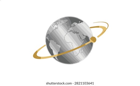 Silver terrestrial globe encircled by a single golden orbit ring representing a planetary model.