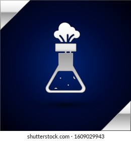 Silver Test tube and flask chemical laboratory test icon isolated on dark blue background. Laboratory glassware sign.  Vector Illustration