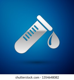 Silver Test tube or flask with drop of blood icon isolated on blue background. Laboratory, chemical, scientific glassware sign. Vector Illustration