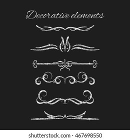 Silver text dividers set. Ornamental decorative elements. Vector ornate design. Silvery flourishes. Shiny decorative hand drawn borders with glitter effect. Calligraphic decorations with sparkles.