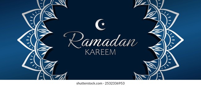 Silver text Ramadan Kareem, crescent and star on blue background with abstract floral silver frame. Elegant festive banner design for Ramadan.