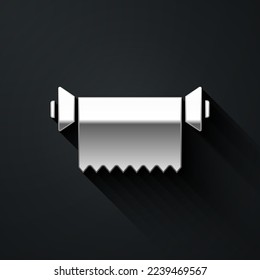 Silver Textile fabric roll icon isolated on black background. Roll, mat, rug, cloth, carpet or paper roll icon. Long shadow style. Vector Illustration