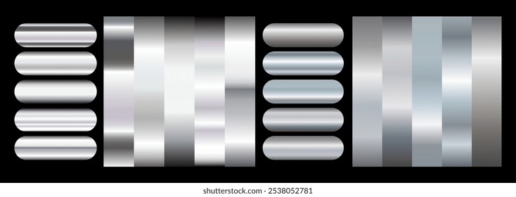 Silver texture gradient background big vector set. Metallic design for frames, banners and labels.