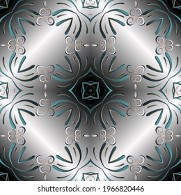 Silver textured 3d seamless pattern. Ornamental surface vector background. Tribal ethnic style floral ornaments. Patterned repeat decorative backdrop. Tile. Vintage flowers, leaves, shapes, swirls.