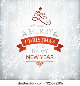 Silver textured background with snowflake pattern and faint stripes as base for the wording, Merry Christmas and Happy New Year embellished with Christmas Ornaments.