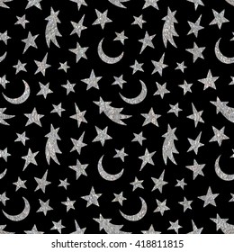 Silver textured cosmic seamless pattern of the star, moon and comet on black background. Design element for background, textile, paper packaging, wrapping paper and other. Vector illustration.