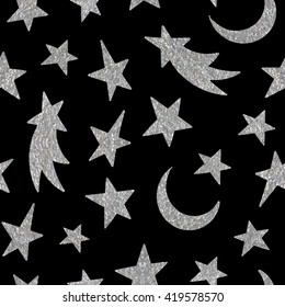 Silver textured cosmic seamless pattern of the star, moon and comet on black background. Design element for background, textile, paper packaging, wrapping paper and other. Vector illustration.