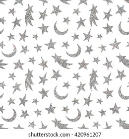 Silver textured cosmic seamless pattern of the star, moon and comet on white background. Design element for background, textile, paper packaging, wrapping paper and other. Vector illustration.