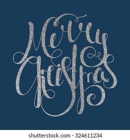 Silver textured handwritten calligraphic inscription Merry Christmas inscribed in a circle. Design element for banner, card, invitation, label, postcard, template, vignette etc. Vector illustration.