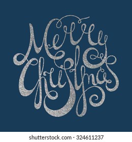 Silver textured handwritten calligraphic inscription Merry Christmas inscribed in a circle. Design element for banner, card, invitation, label, postcard, template, vignette etc. Vector illustration.