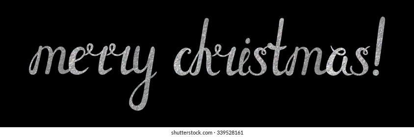 Silver textured handwritten calligraphic inscription Merry Christmas. Design element for banner, card, invitation, label, postcard, template, vignette etc. Vector illustration.