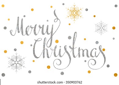 Silver textured handwritten calligraphic inscription Merry Christmas with gold and silver confetti and snowflake. Design element for banner, card, invitation and postcard. Vector illustration.